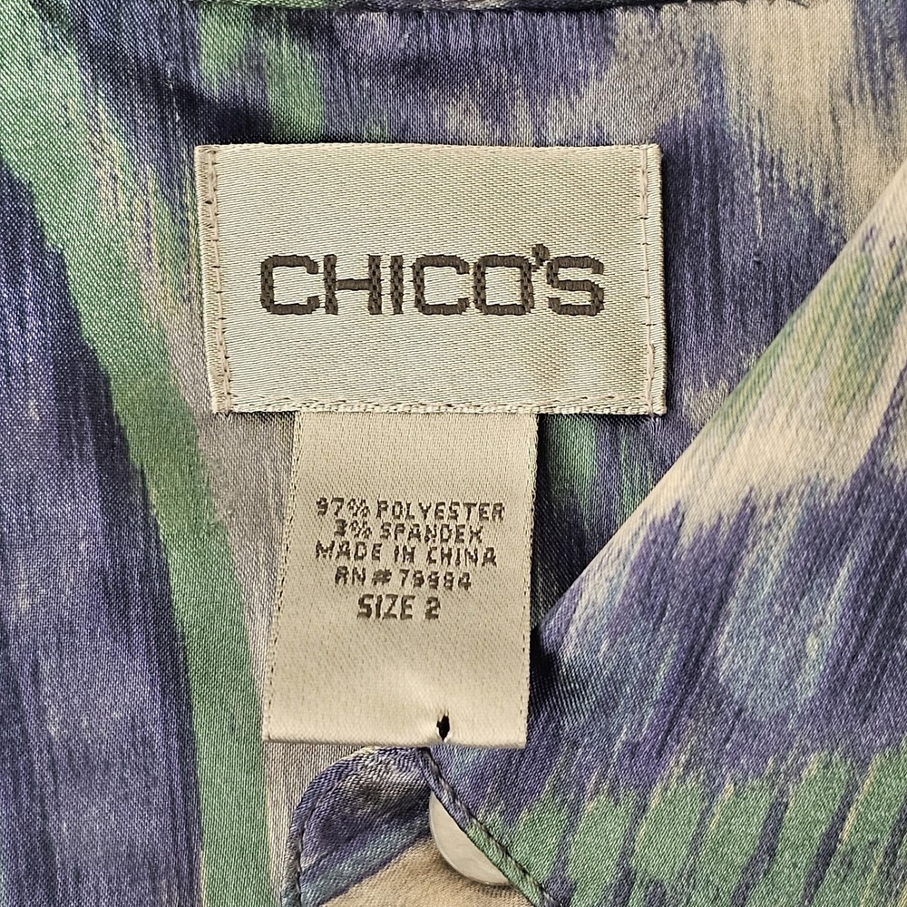 Chicos Shirt Womens 2 Blue Green Paisley Button Up Sheer 3/4 Sleeve Stretch‎ Top - Picture 8 of 9